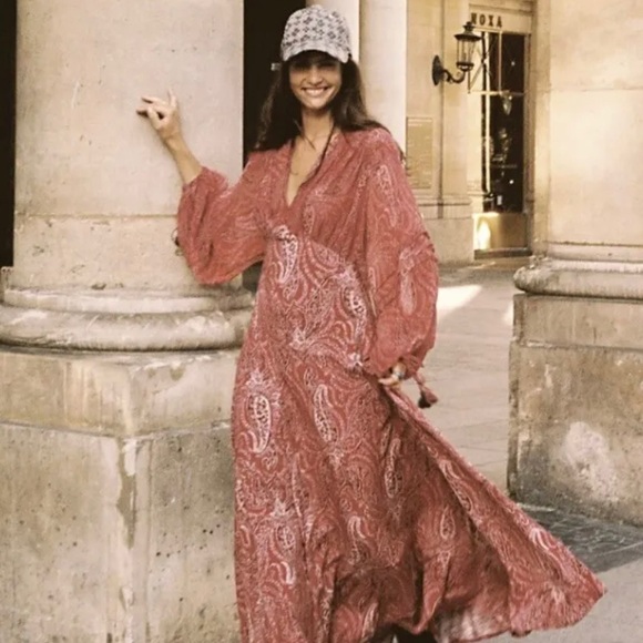 Free People Mirage Paisley Maxi Dress Red Mix Print Empire Waist Back Tie - Picture 4 of 8